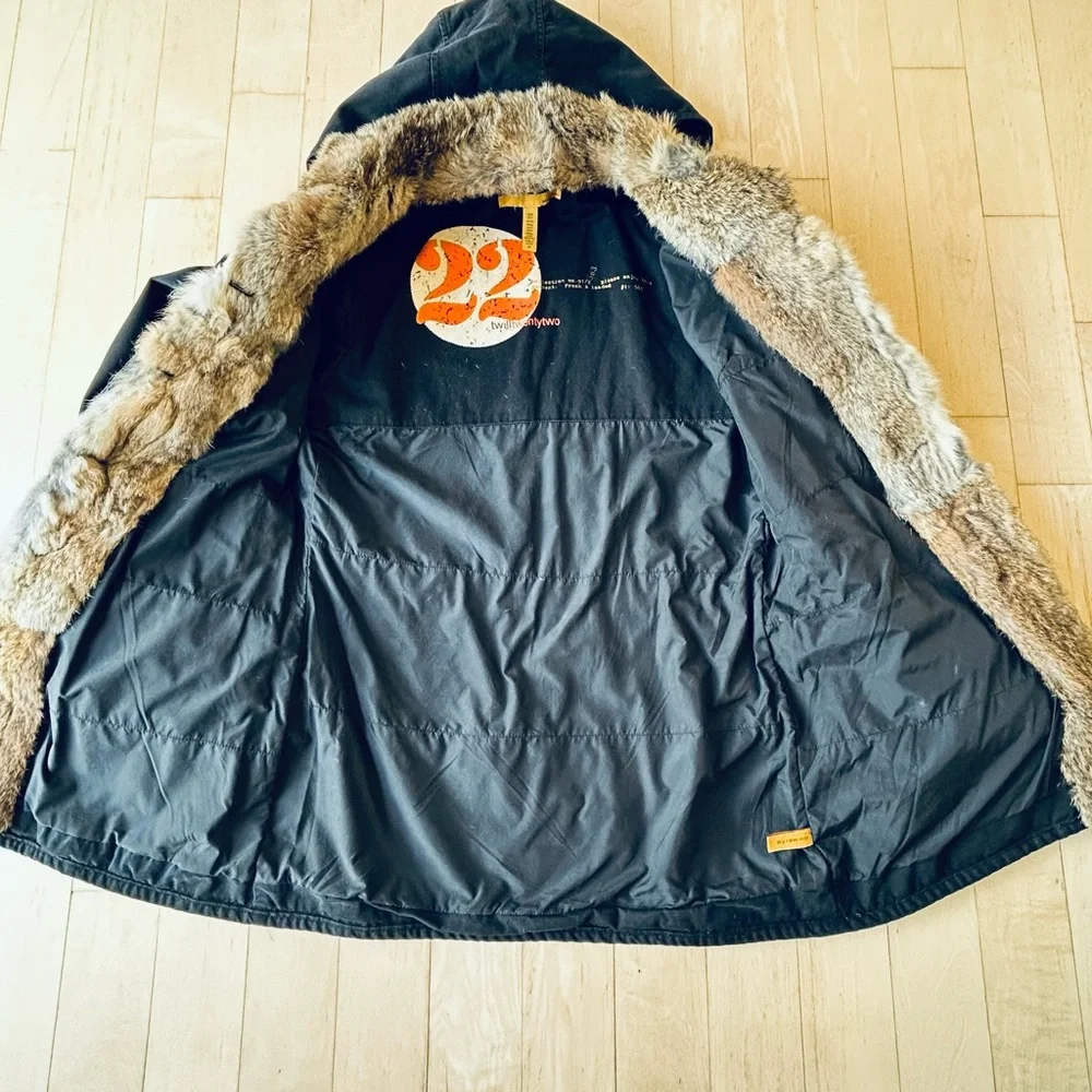 Twilltwentytwo Black Cotton/Canvas Coat with Faux Fur Trim - Detachable Hood, M